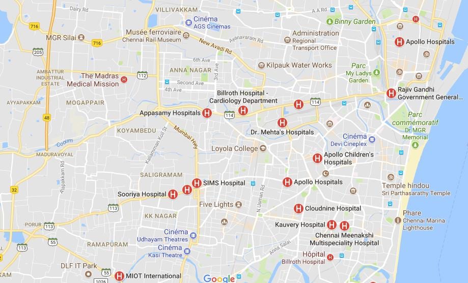 mapa de Chennai Hospitales 